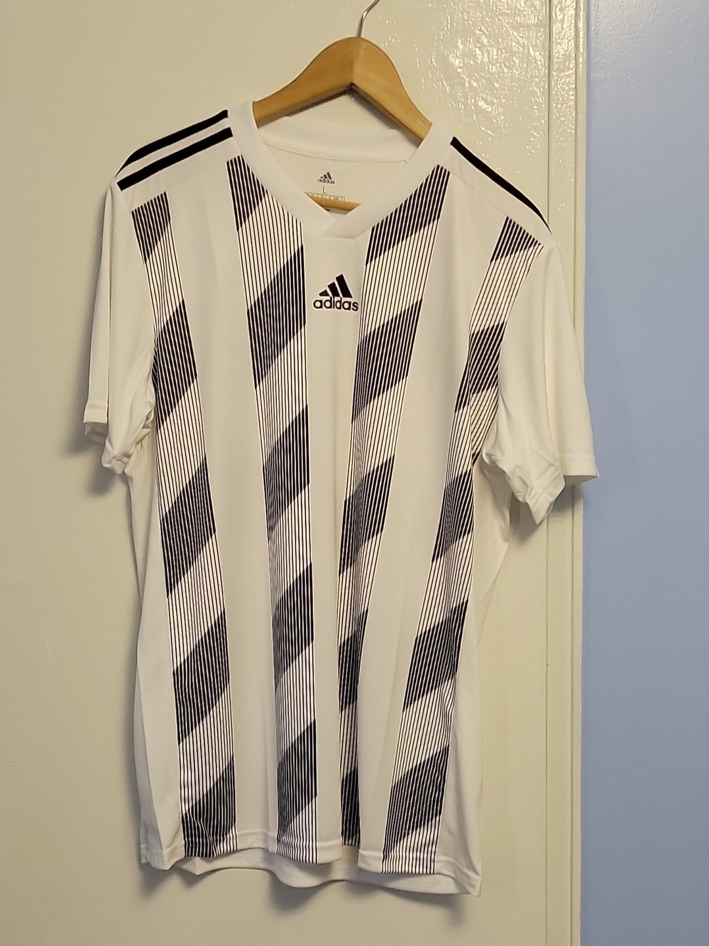 adidas Men’s White and Black Striped Soccer Jersey